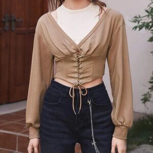 2 in 1 Tan Lace Up Sweatshirt